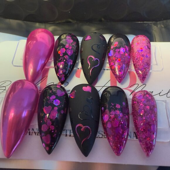 Pink/Purple and Black Valentine's Day Nails, Glitter Valentines Press on Nails, - Picture 5 of 9